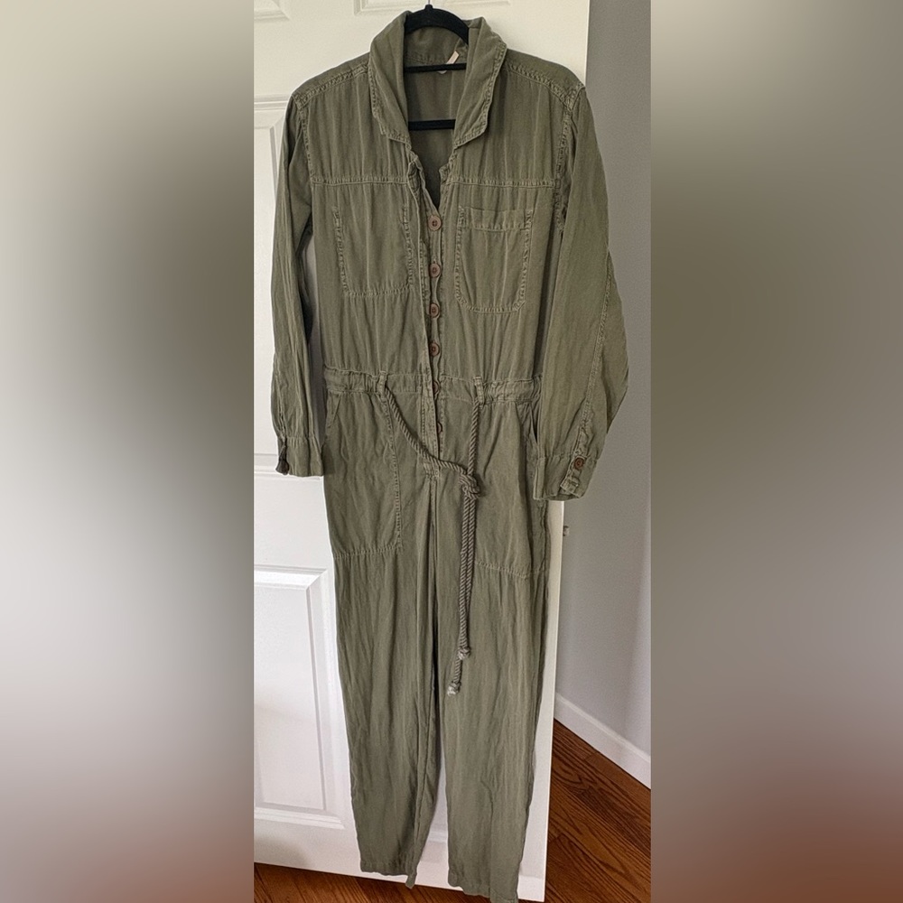 Free People Olive Green Button-Up Jumpsuit